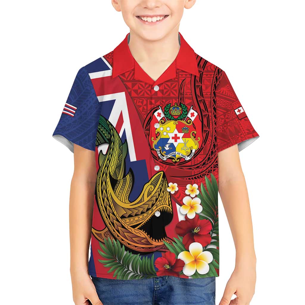 Hawaii And Tonga Kid Hawaiian Shirt Shark Tattoo With Tongan Coat Of Arms LT14 Kid Red - Polynesian Pride