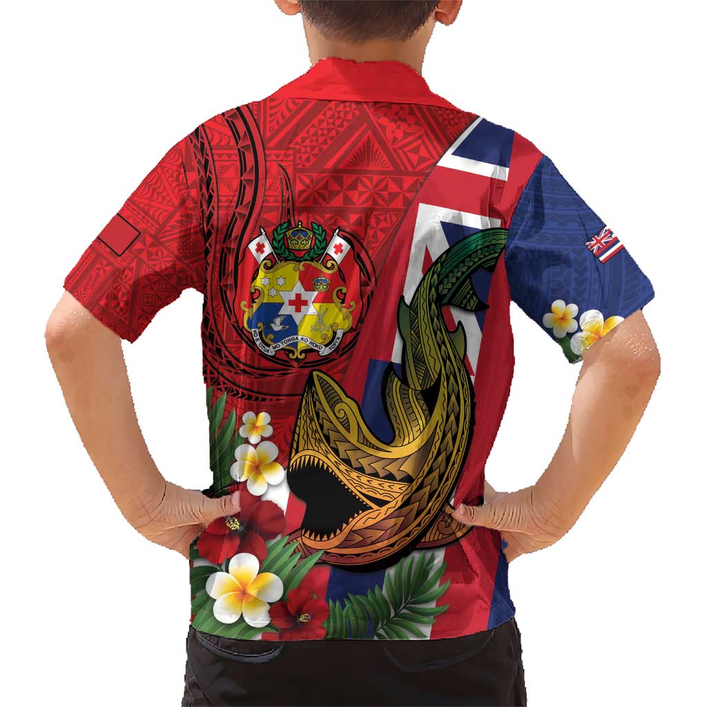 Hawaii And Tonga Kid Hawaiian Shirt Shark Tattoo With Tongan Coat Of Arms LT14 - Polynesian Pride