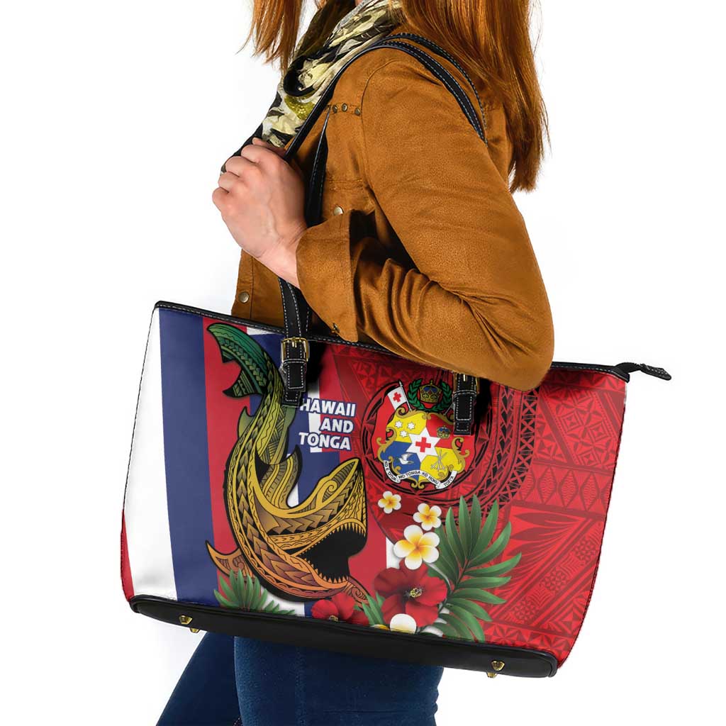 Hawaii And Tonga Leather Tote Bag Shark Tattoo With Tongan Coat Of Arms LT14 Red - Polynesian Pride