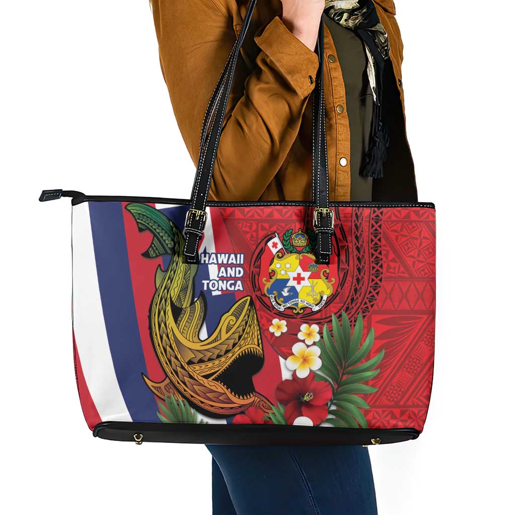 Hawaii And Tonga Leather Tote Bag Shark Tattoo With Tongan Coat Of Arms LT14 - Polynesian Pride