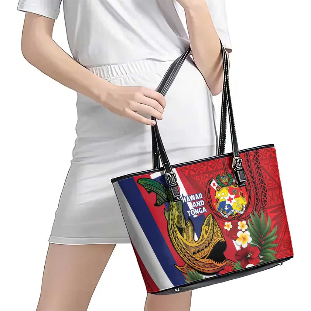 Hawaii And Tonga Leather Tote Bag Shark Tattoo With Tongan Coat Of Arms LT14 - Polynesian Pride