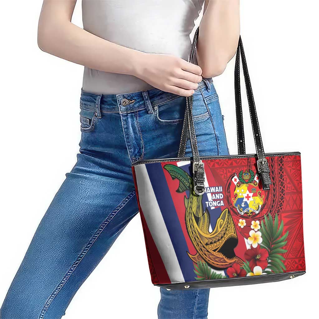 Hawaii And Tonga Leather Tote Bag Shark Tattoo With Tongan Coat Of Arms LT14 - Polynesian Pride