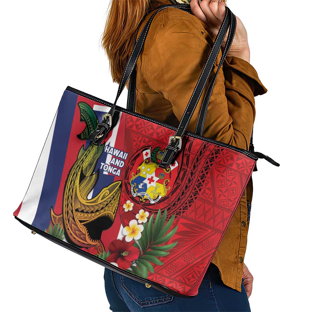 Hawaii And Tonga Leather Tote Bag Shark Tattoo With Tongan Coat Of Arms LT14 - Polynesian Pride