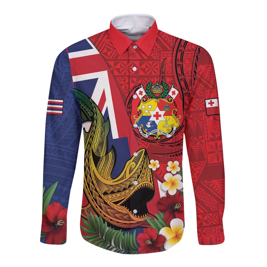 Hawaii And Tonga Long Sleeve Button Shirt Shark Tattoo With Tongan Coat Of Arms LT14 Unisex Red - Polynesian Pride