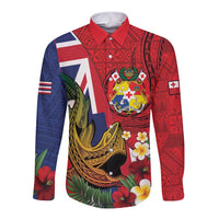 Hawaii And Tonga Long Sleeve Button Shirt Shark Tattoo With Tongan Coat Of Arms LT14 Unisex Red - Polynesian Pride