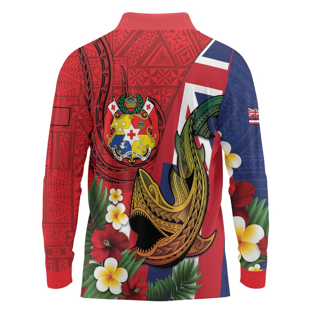 Hawaii And Tonga Long Sleeve Polo Shirt Shark Tattoo With Tongan Coat Of Arms