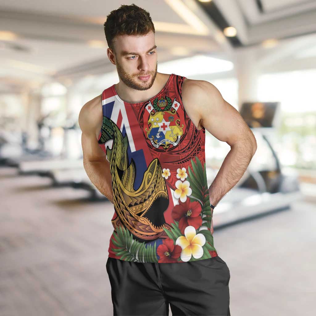 Hawaii And Tonga Men Tank Top Shark Tattoo With Tongan Coat Of Arms LT14 Red - Polynesian Pride