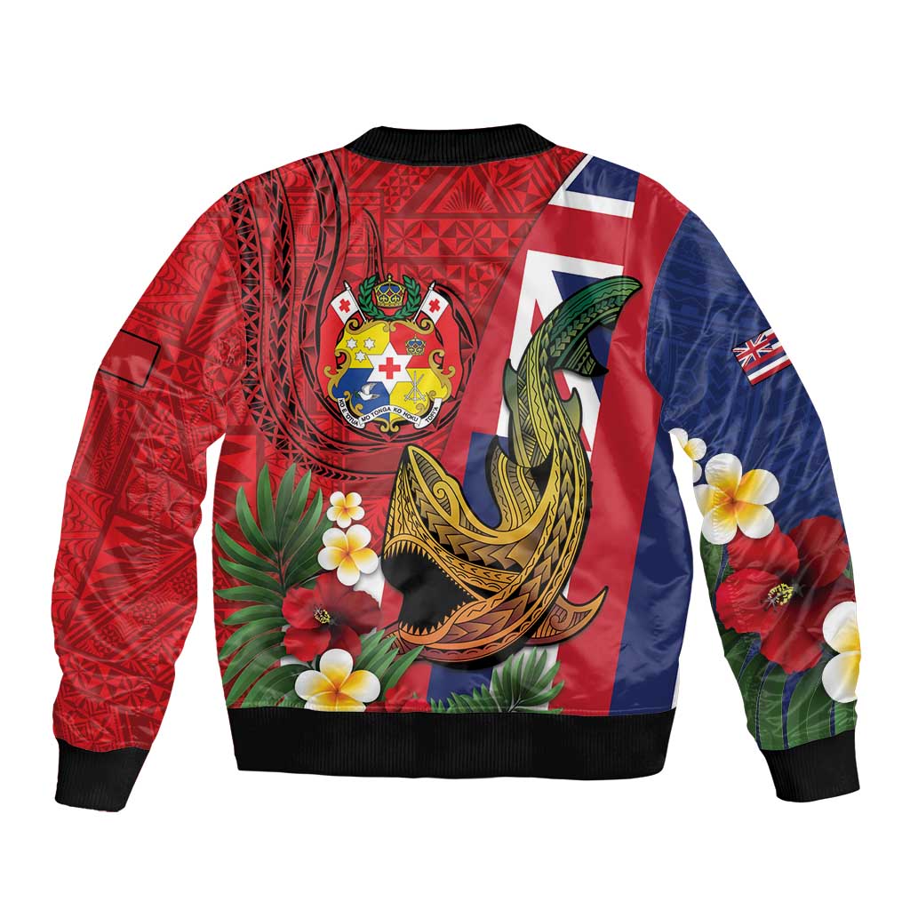 Hawaii And Tonga Sleeve Zip Bomber Jacket Shark Tattoo With Tongan Coat Of Arms