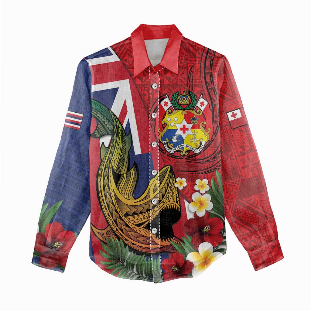 Hawaii And Tonga Women Casual Shirt Shark Tattoo With Tongan Coat Of Arms