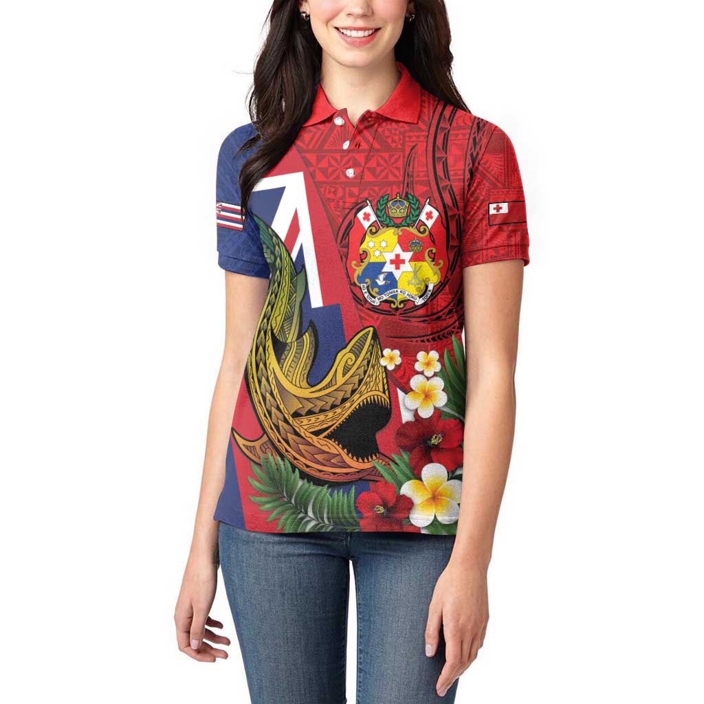 Hawaii And Tonga Women Polo Shirt Shark Tattoo With Tongan Coat Of Arms