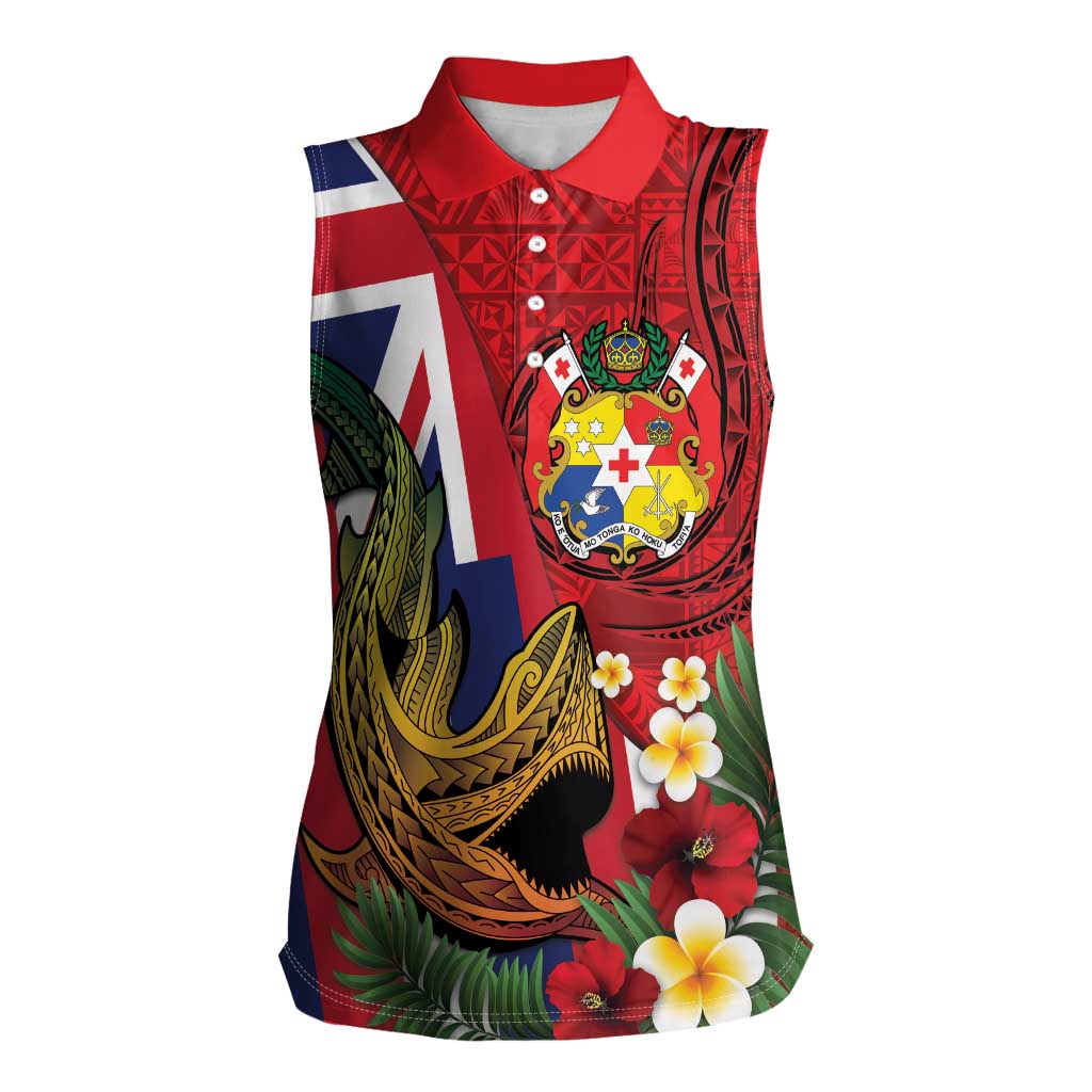 Hawaii And Tonga Women Sleeveless Polo Shirt Shark Tattoo With Tongan Coat Of Arms