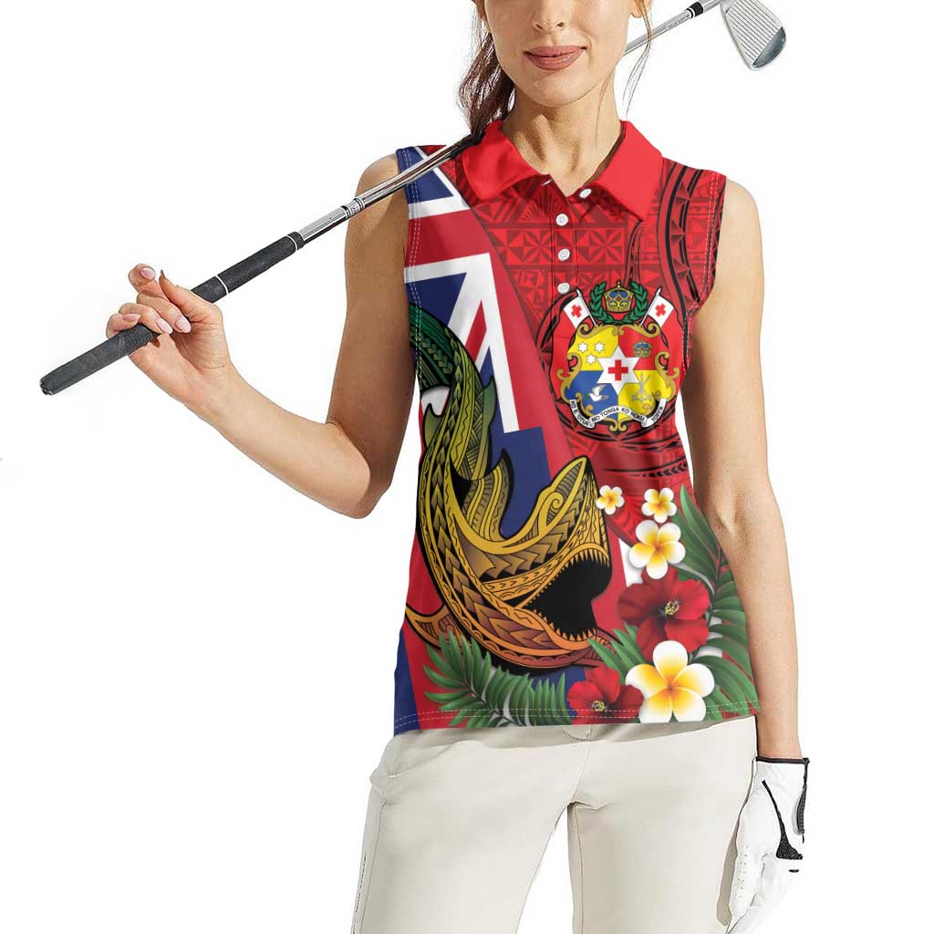 Hawaii And Tonga Women Sleeveless Polo Shirt Shark Tattoo With Tongan Coat Of Arms