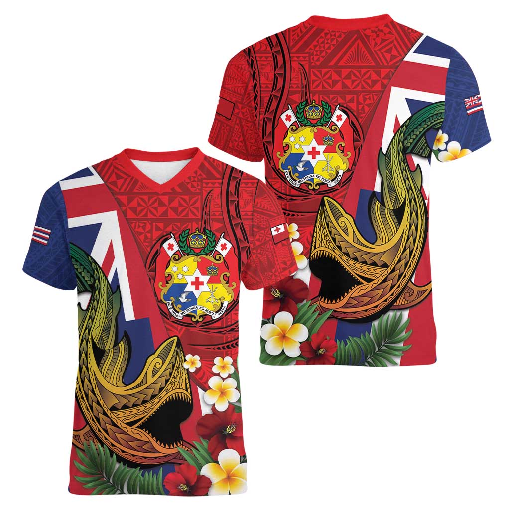 Hawaii And Tonga Women V-Neck T-Shirt Shark Tattoo With Tongan Coat Of Arms
