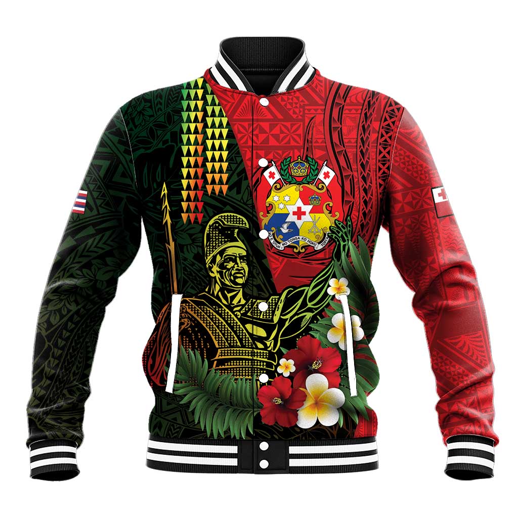 Hawaii And Tonga Baseball Jacket King Kamehameha Tribal Ngatu Pattern LT14 Unisex Red - Polynesian Pride