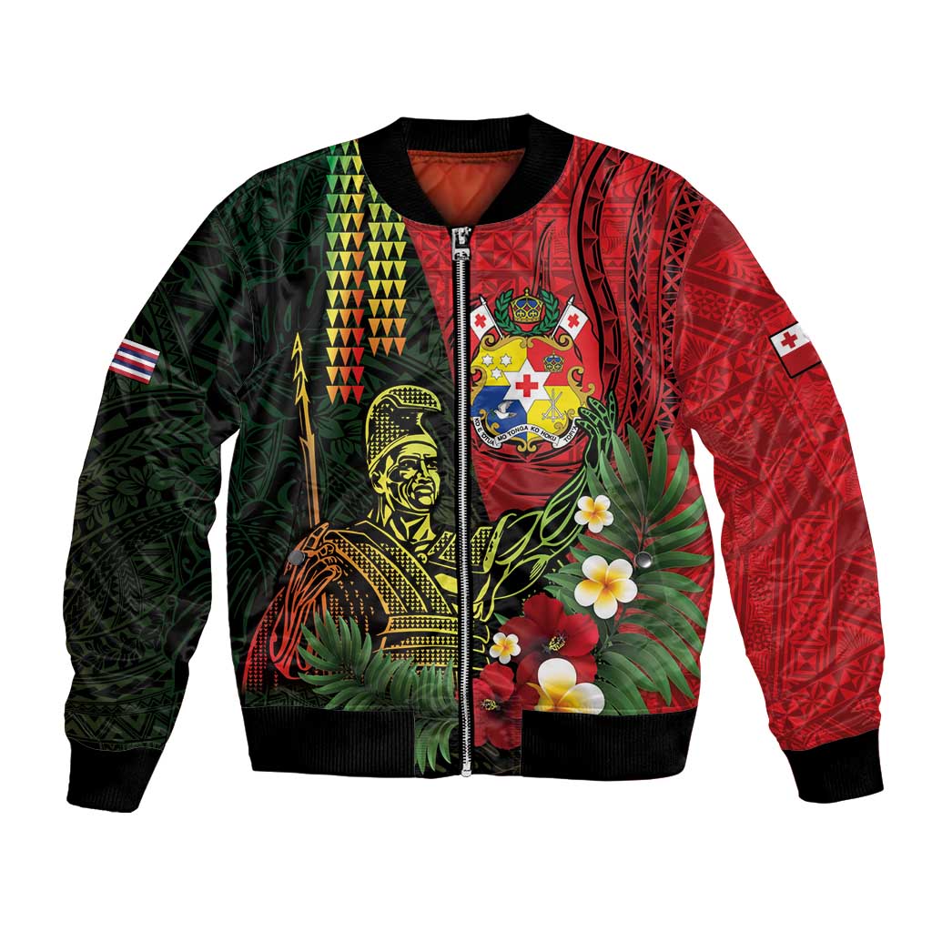 Hawaii And Tonga Bomber Jacket King Kamehameha Tribal Ngatu Pattern