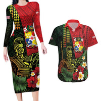 Hawaii And Tonga Couples Matching Long Sleeve Bodycon Dress and Hawaiian Shirt King Kamehameha Tribal Ngatu Pattern LT14 Red - Polynesian Pride