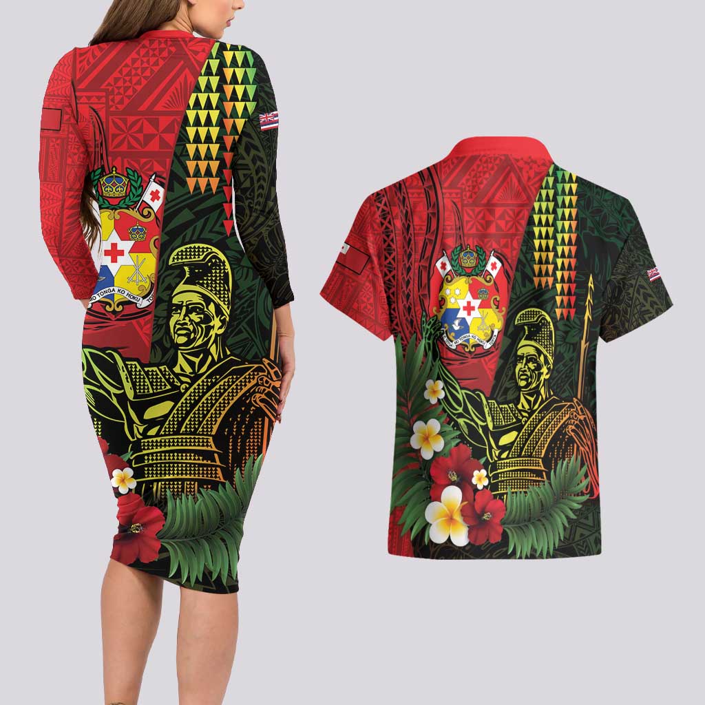Hawaii And Tonga Couples Matching Long Sleeve Bodycon Dress and Hawaiian Shirt King Kamehameha Tribal Ngatu Pattern LT14 - Polynesian Pride