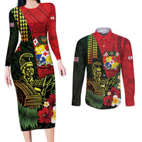 Hawaii And Tonga Couples Matching Long Sleeve Bodycon Dress and Long Sleeve Button Shirt King Kamehameha Tribal Ngatu Pattern LT14 Red - Polynesian Pride