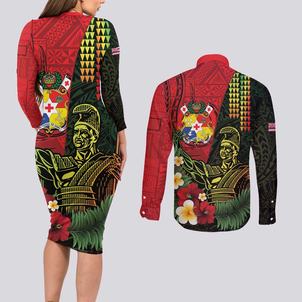Hawaii And Tonga Couples Matching Long Sleeve Bodycon Dress and Long Sleeve Button Shirt King Kamehameha Tribal Ngatu Pattern LT14 - Polynesian Pride