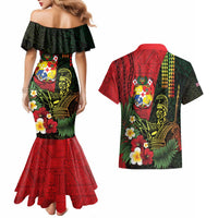 Hawaii And Tonga Couples Matching Mermaid Dress and Hawaiian Shirt King Kamehameha Tribal Ngatu Pattern LT14 - Polynesian Pride
