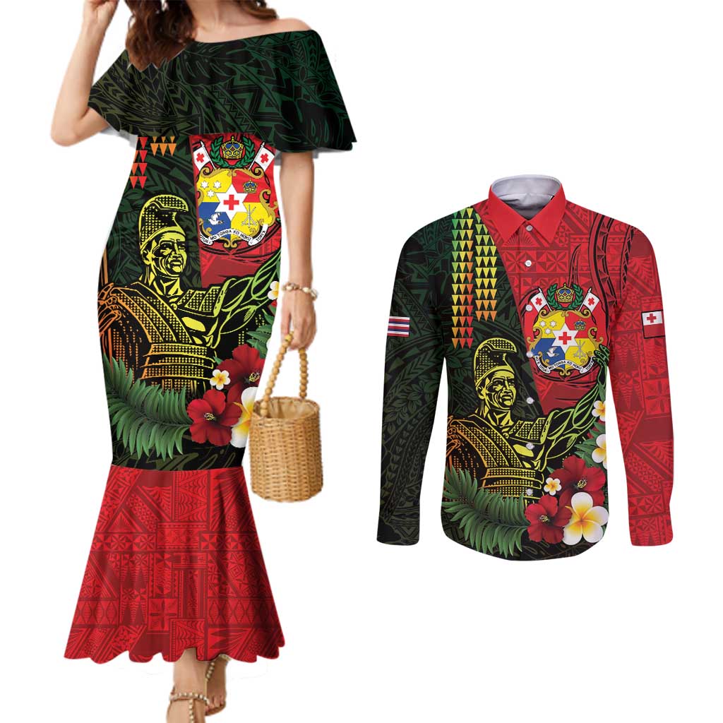 Hawaii And Tonga Couples Matching Mermaid Dress and Long Sleeve Button Shirt King Kamehameha Tribal Ngatu Pattern LT14 Red - Polynesian Pride
