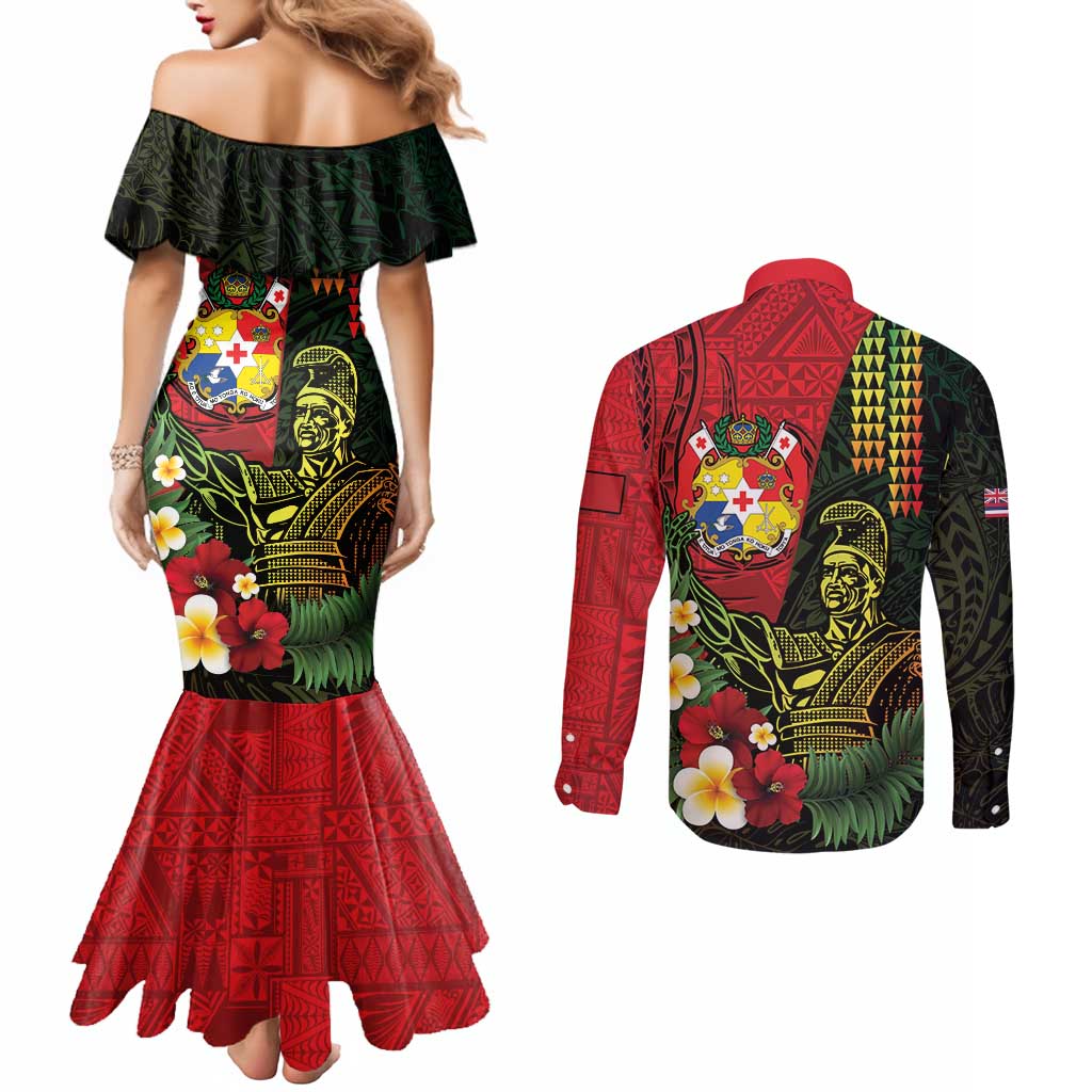 Hawaii And Tonga Couples Matching Mermaid Dress and Long Sleeve Button Shirt King Kamehameha Tribal Ngatu Pattern LT14 - Polynesian Pride