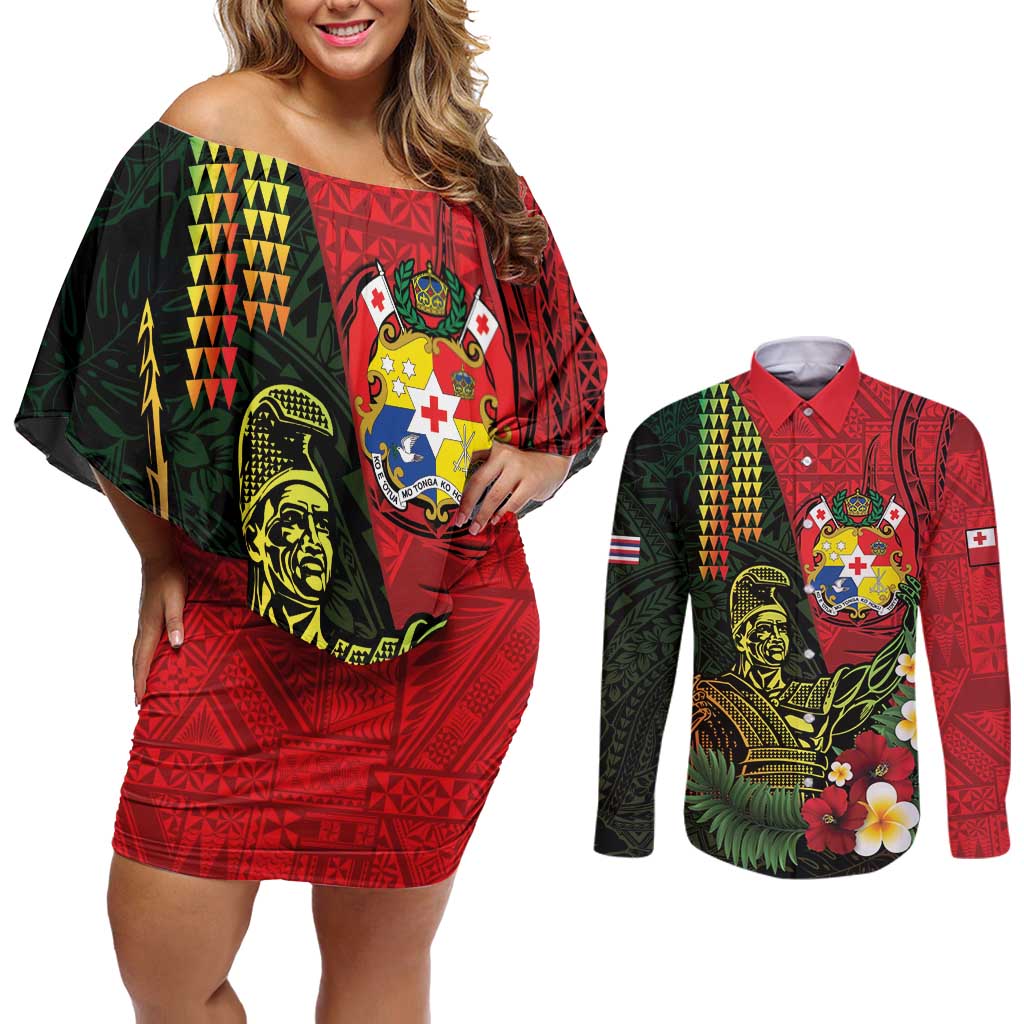 Hawaii And Tonga Couples Matching Off Shoulder Short Dress and Long Sleeve Button Shirt King Kamehameha Tribal Ngatu Pattern
