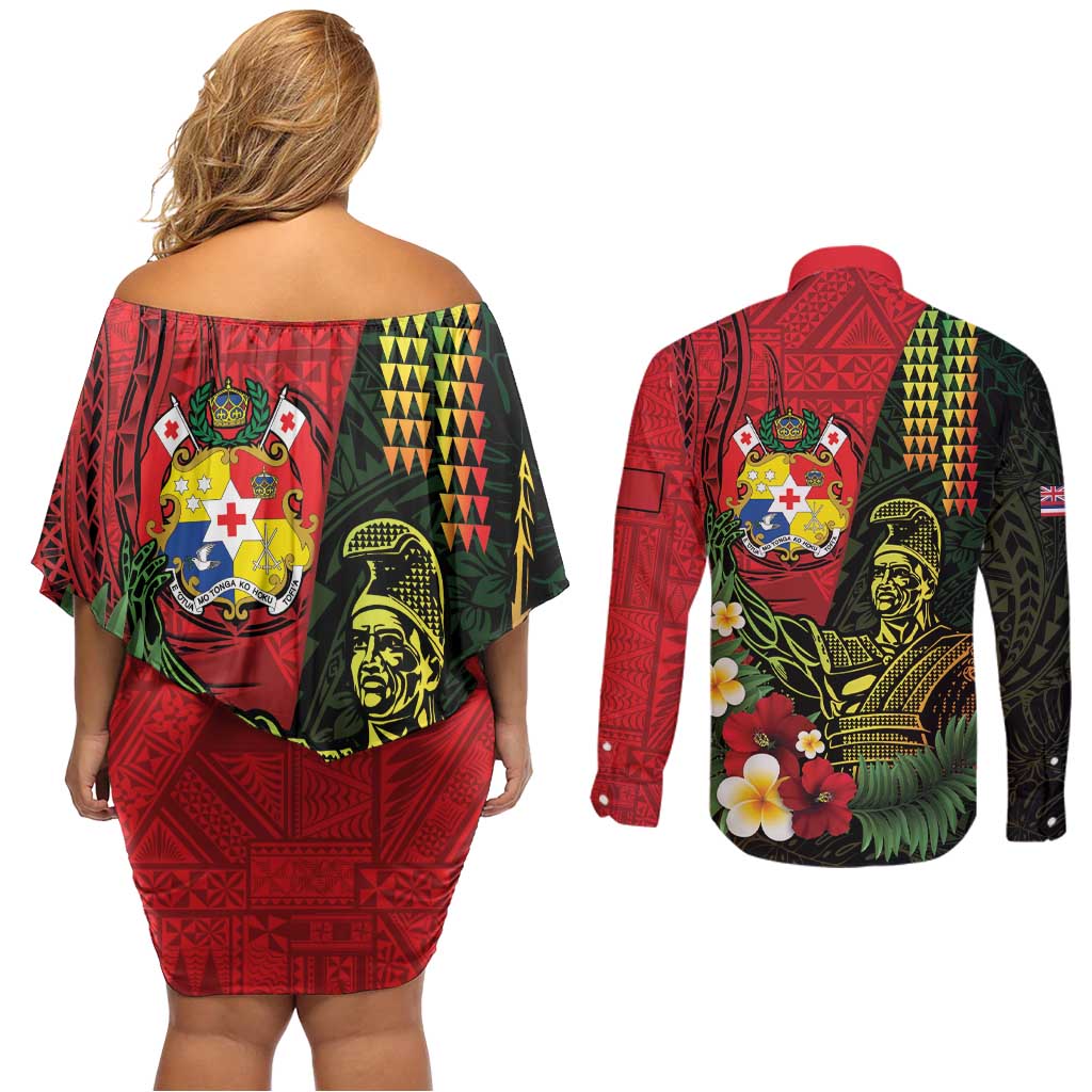 Hawaii And Tonga Couples Matching Off Shoulder Short Dress and Long Sleeve Button Shirt King Kamehameha Tribal Ngatu Pattern