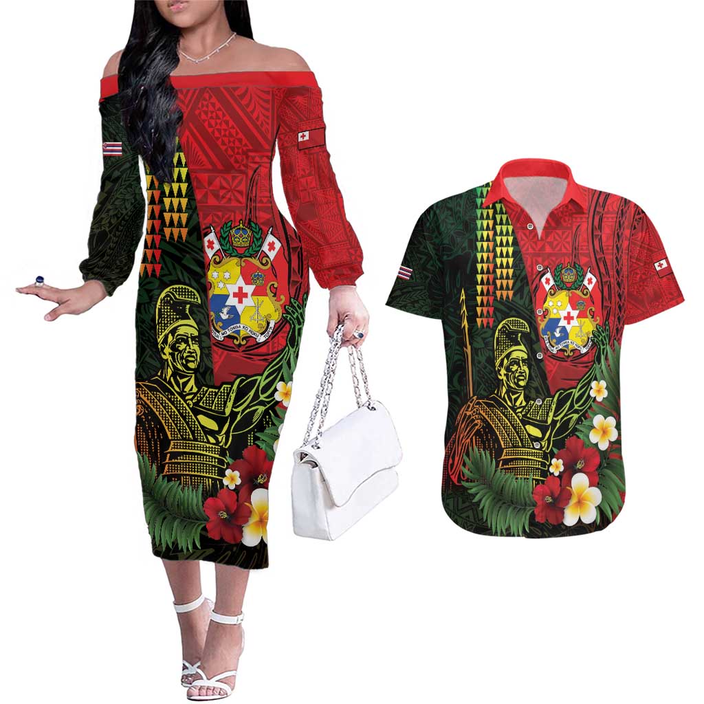 Hawaii And Tonga Couples Matching Off The Shoulder Long Sleeve Dress and Hawaiian Shirt King Kamehameha Tribal Ngatu Pattern