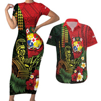Hawaii And Tonga Couples Matching Short Sleeve Bodycon Dress and Hawaiian Shirt King Kamehameha Tribal Ngatu Pattern LT14 Red - Polynesian Pride