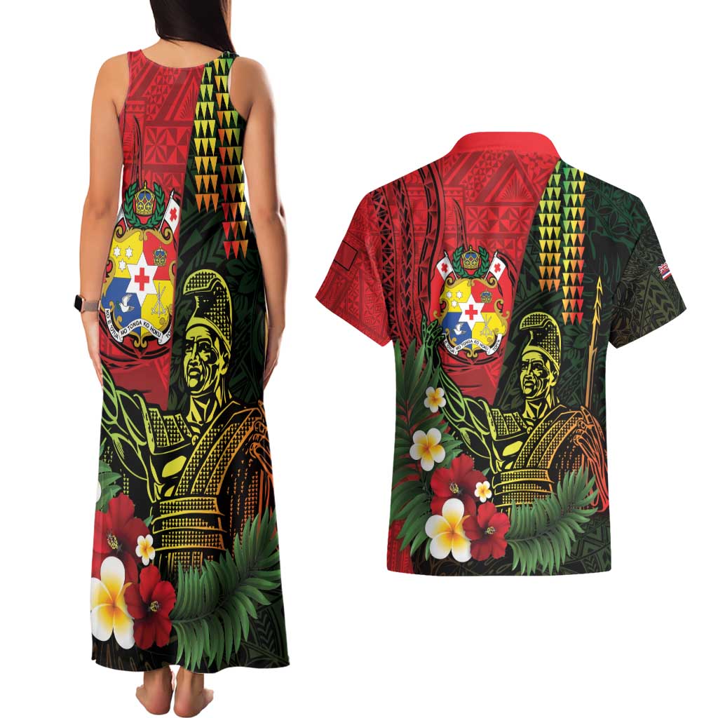 Hawaii And Tonga Couples Matching Tank Maxi Dress and Hawaiian Shirt King Kamehameha Tribal Ngatu Pattern LT14 - Polynesian Pride