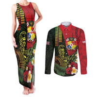 Hawaii And Tonga Couples Matching Tank Maxi Dress and Long Sleeve Button Shirt King Kamehameha Tribal Ngatu Pattern LT14 Red - Polynesian Pride