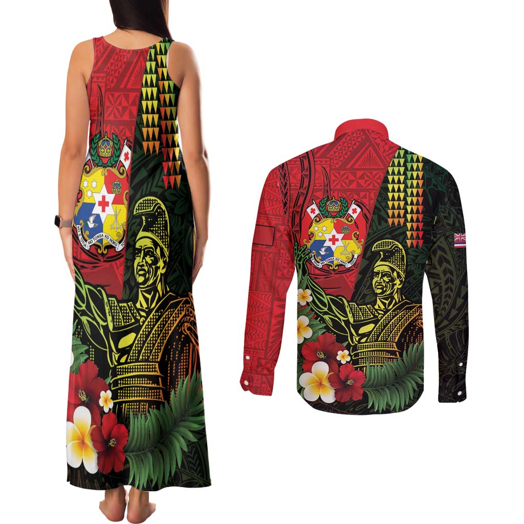 Hawaii And Tonga Couples Matching Tank Maxi Dress and Long Sleeve Button Shirt King Kamehameha Tribal Ngatu Pattern LT14 - Polynesian Pride