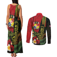 Hawaii And Tonga Couples Matching Tank Maxi Dress and Long Sleeve Button Shirt King Kamehameha Tribal Ngatu Pattern LT14 - Polynesian Pride