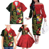 Hawaii And Tonga Family Matching Off The Shoulder Long Sleeve Dress and Hawaiian Shirt King Kamehameha Tribal Ngatu Pattern