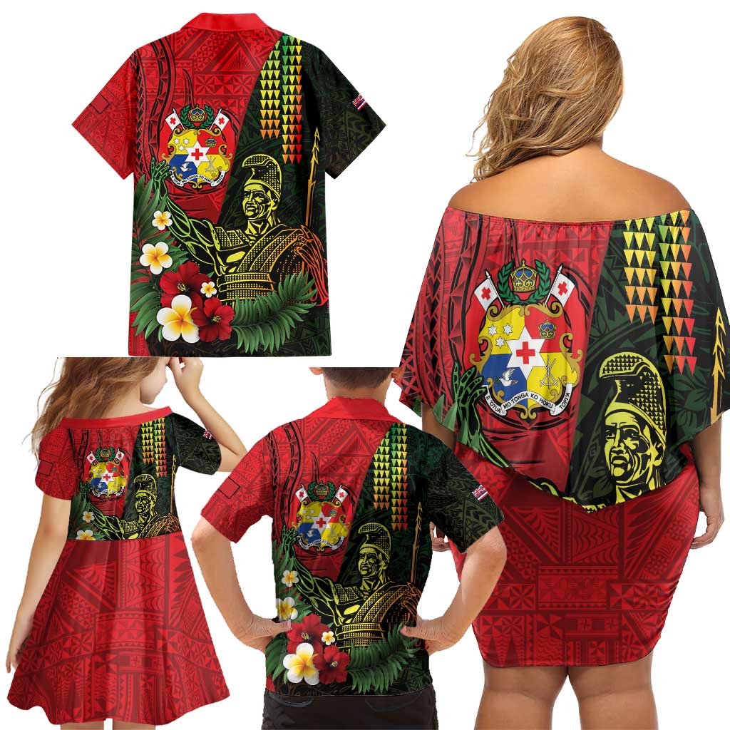 Hawaii And Tonga Family Matching Off Shoulder Short Dress and Hawaiian Shirt King Kamehameha Tribal Ngatu Pattern