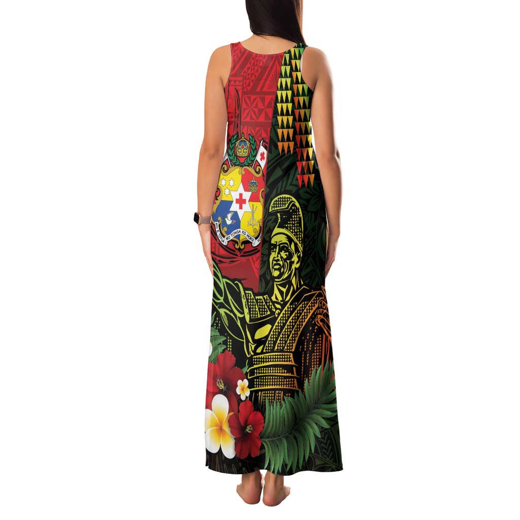 Hawaii And Tonga Family Matching Tank Maxi Dress and Hawaiian Shirt King Kamehameha Tribal Ngatu Pattern