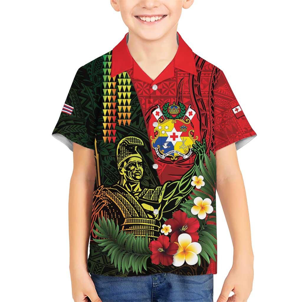 Hawaii And Tonga Kid Hawaiian Shirt King Kamehameha Tribal Ngatu Pattern LT14 Kid Red - Polynesian Pride