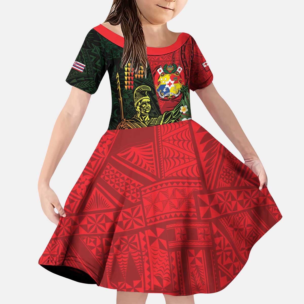 Hawaii And Tonga Kid Short Sleeve Dress King Kamehameha Tribal Ngatu Pattern LT14 KID Red - Polynesian Pride
