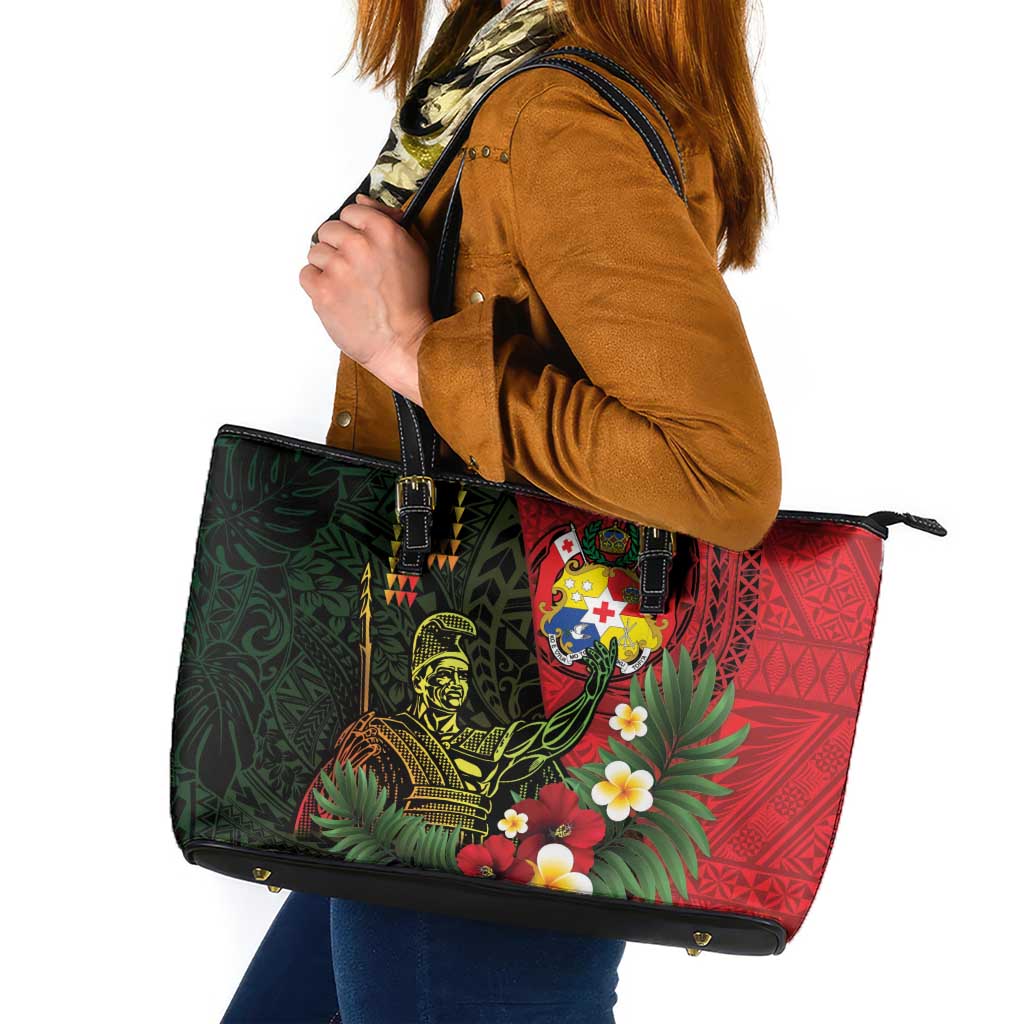 Hawaii And Tonga Leather Tote Bag King Kamehameha Tribal Ngatu Pattern LT14 Red - Polynesian Pride