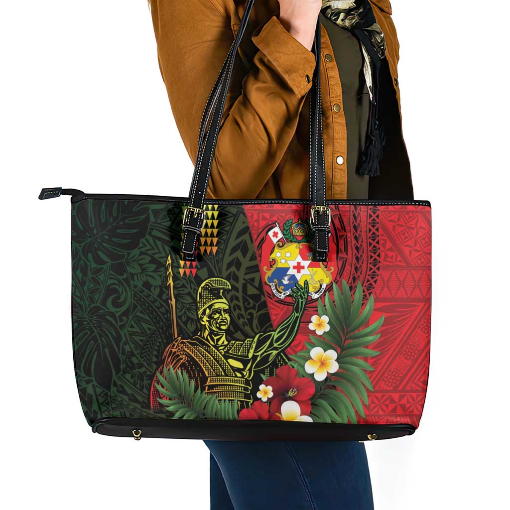 Hawaii And Tonga Leather Tote Bag King Kamehameha Tribal Ngatu Pattern LT14 - Polynesian Pride