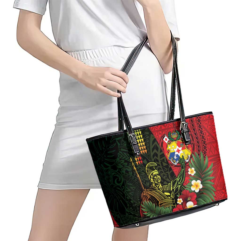 Hawaii And Tonga Leather Tote Bag King Kamehameha Tribal Ngatu Pattern LT14 - Polynesian Pride