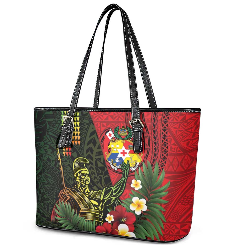 Hawaii And Tonga Leather Tote Bag King Kamehameha Tribal Ngatu Pattern LT14 - Polynesian Pride