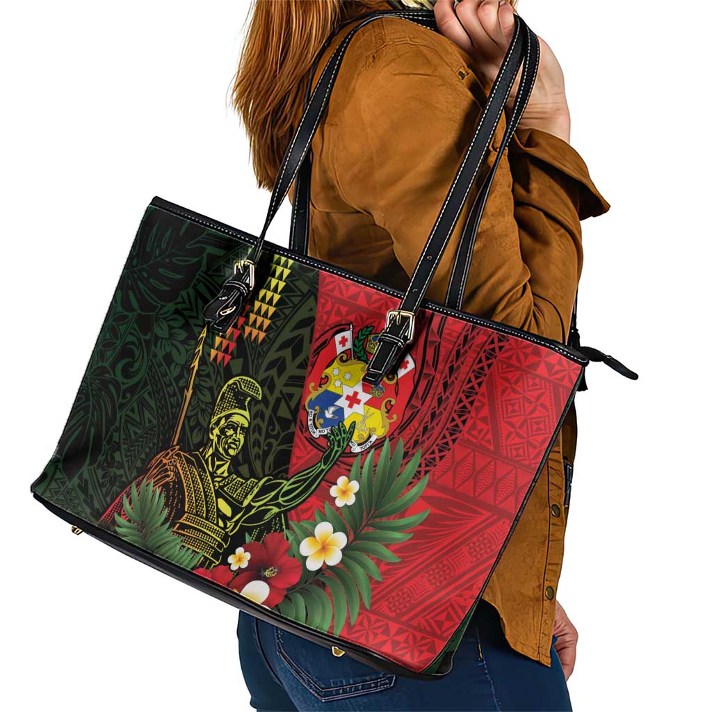 Hawaii And Tonga Leather Tote Bag King Kamehameha Tribal Ngatu Pattern LT14 - Polynesian Pride