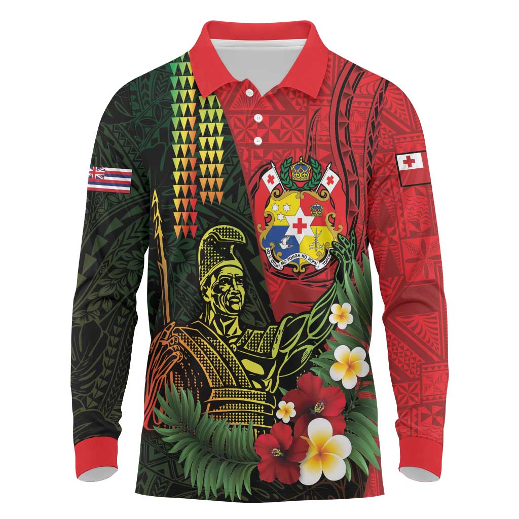 Hawaii And Tonga Long Sleeve Polo Shirt King Kamehameha Tribal Ngatu Pattern