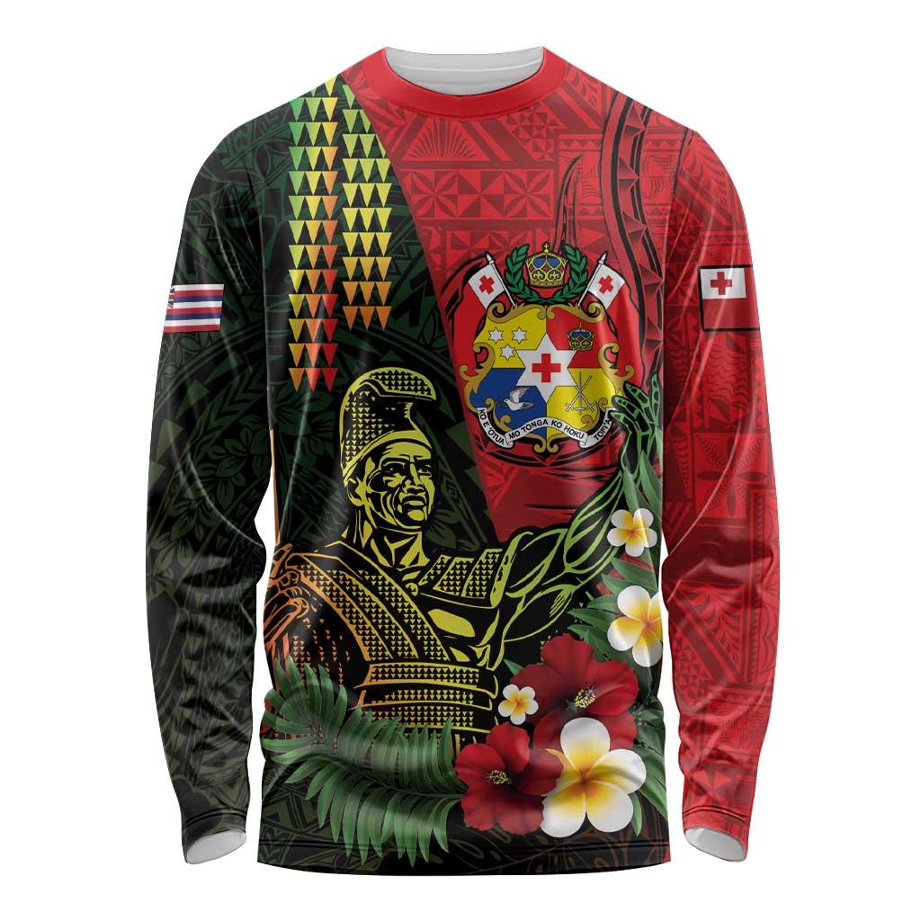 Hawaii And Tonga Long Sleeve Shirt King Kamehameha Tribal Ngatu Pattern LT14 Unisex Red - Polynesian Pride