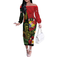 Hawaii And Tonga Off The Shoulder Long Sleeve Dress King Kamehameha Tribal Ngatu Pattern