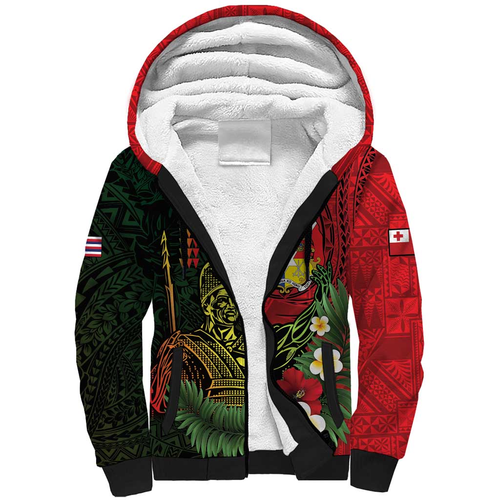 Hawaii And Tonga Sherpa Hoodie King Kamehameha Tribal Ngatu Pattern LT14 Unisex Red - Polynesian Pride