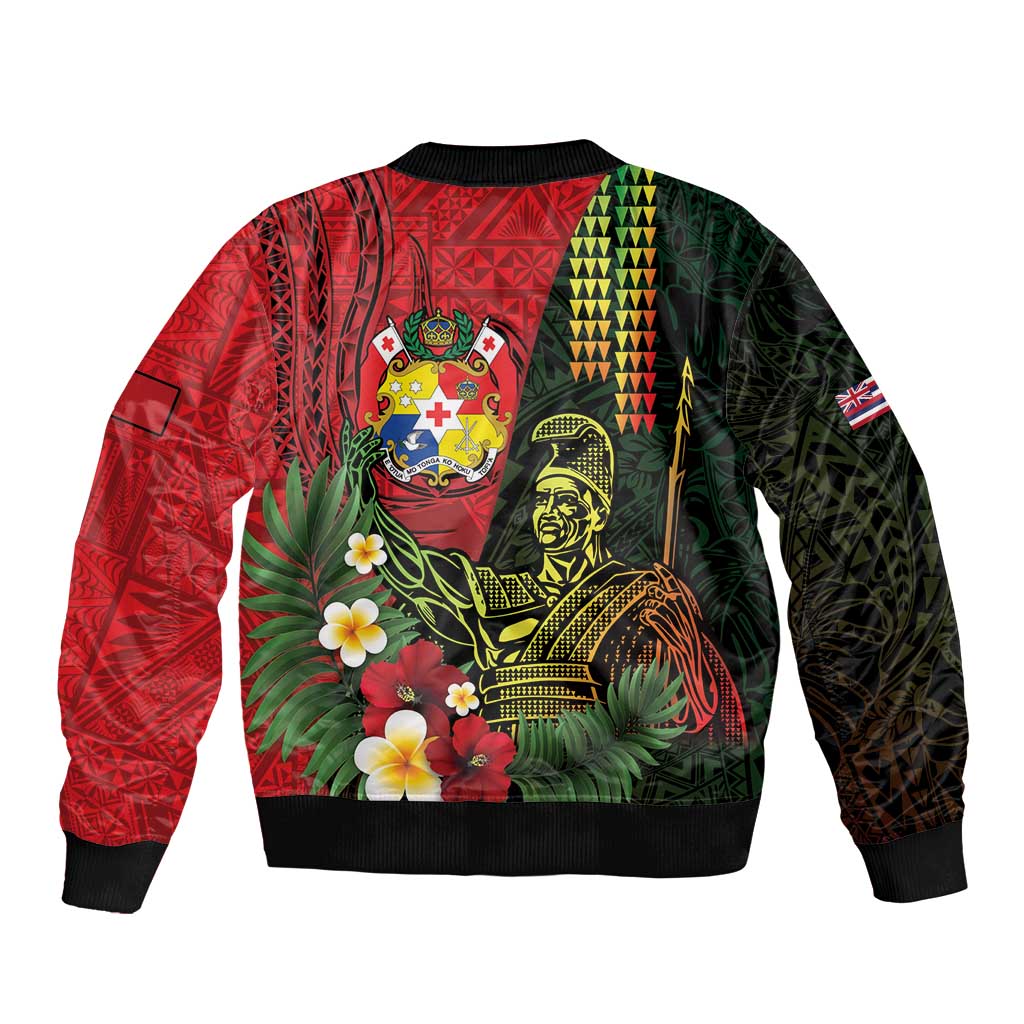 Hawaii And Tonga Sleeve Zip Bomber Jacket King Kamehameha Tribal Ngatu Pattern