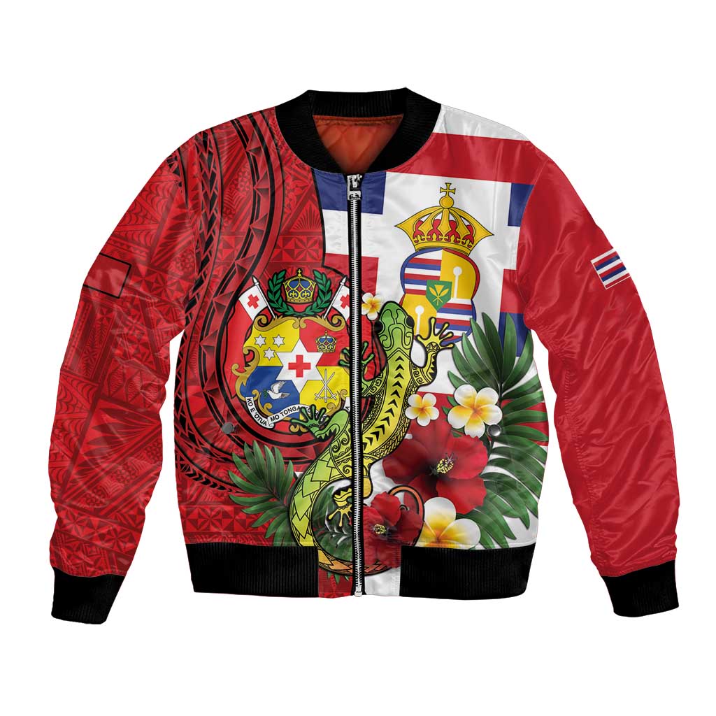 Hawaii And Tonga Bomber Jacket King Kalakaua Tribal Gecko Tongan Ngatu
